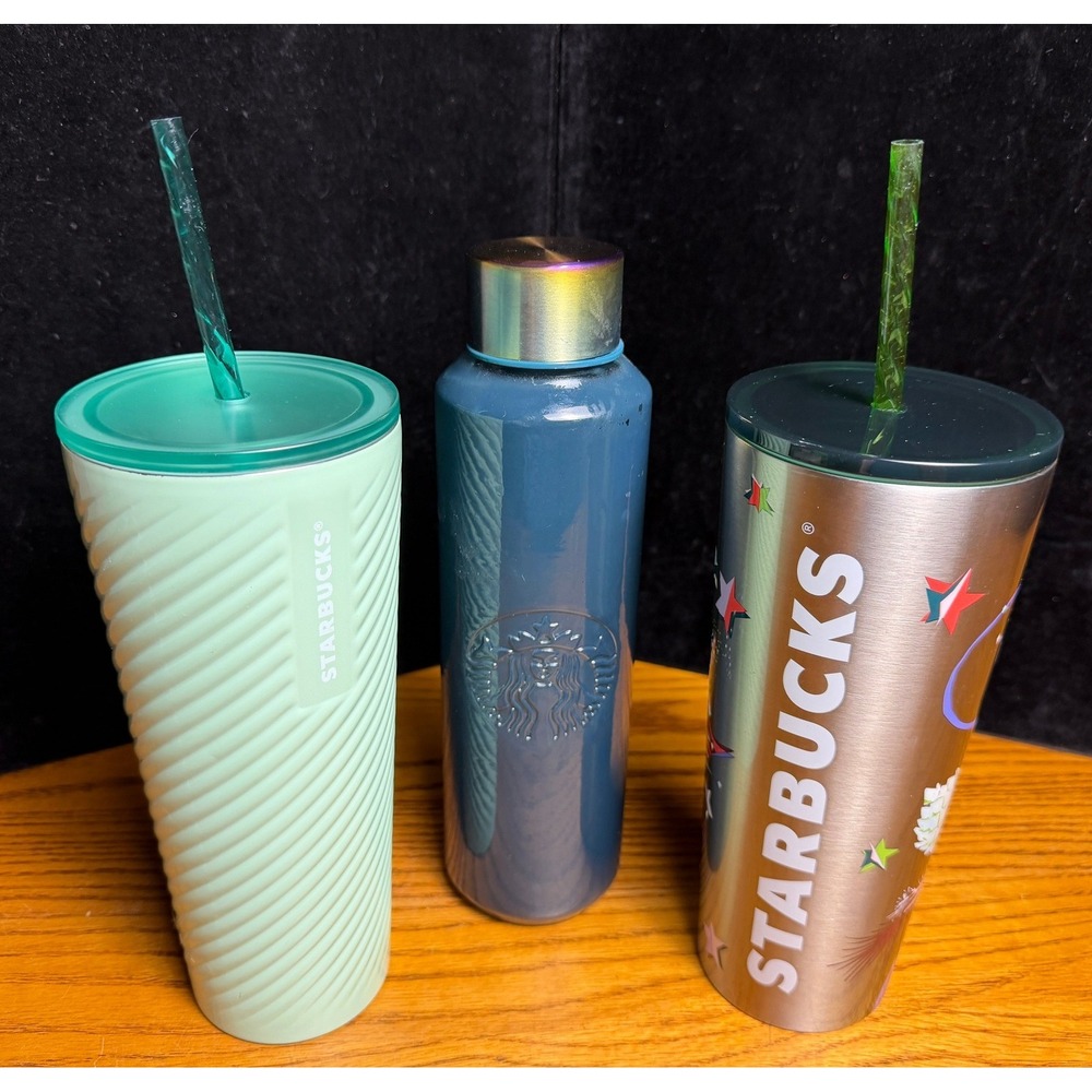 Starbucks 3 Tumbler Set 24oz-Swirl Floral Stainless & 20oz Recycled Glass Blue